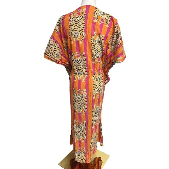 Indacorify Tiger Print Kaftan Beach Cover Up Cotton Indian Resortwear Pink - Picture 4 of 11
